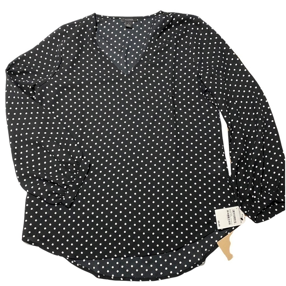 NWT Nordstrom Halogen V-neck Long Sleeve Polka Dot Black Ivory Petite Dot Blouse